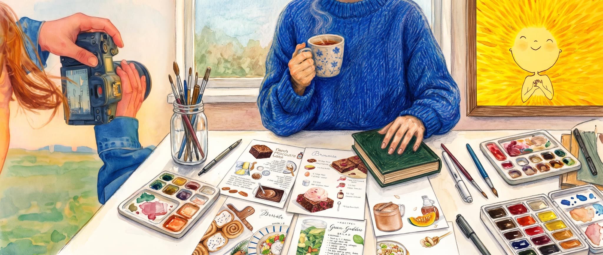Thoughtfully arranged food and ingredients on a warm kitchen table